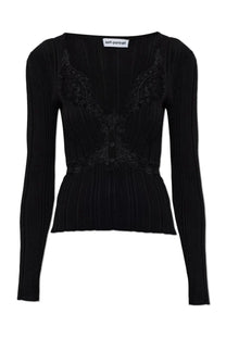 Self-portrait women’s black ribbed knit cardigan with delicate lace detailing across bust and front closure
