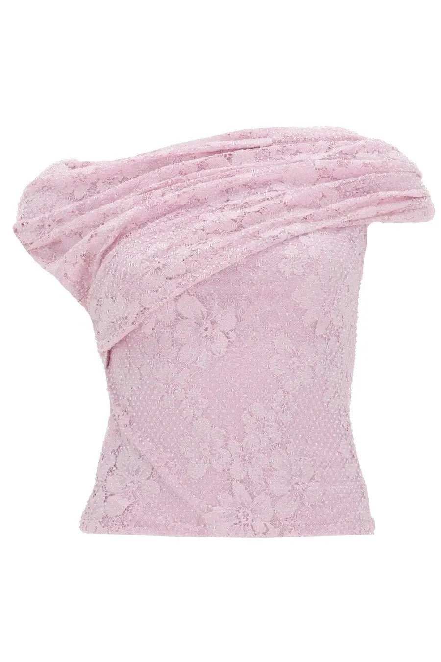 Self-portrait women’s blue lace crop top with delicate pink lace and asymmetrical draped shoulder design