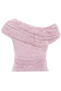 Self portrait women’s delicate pink lace top with off the shoulder design and subtle shimmering embellishments