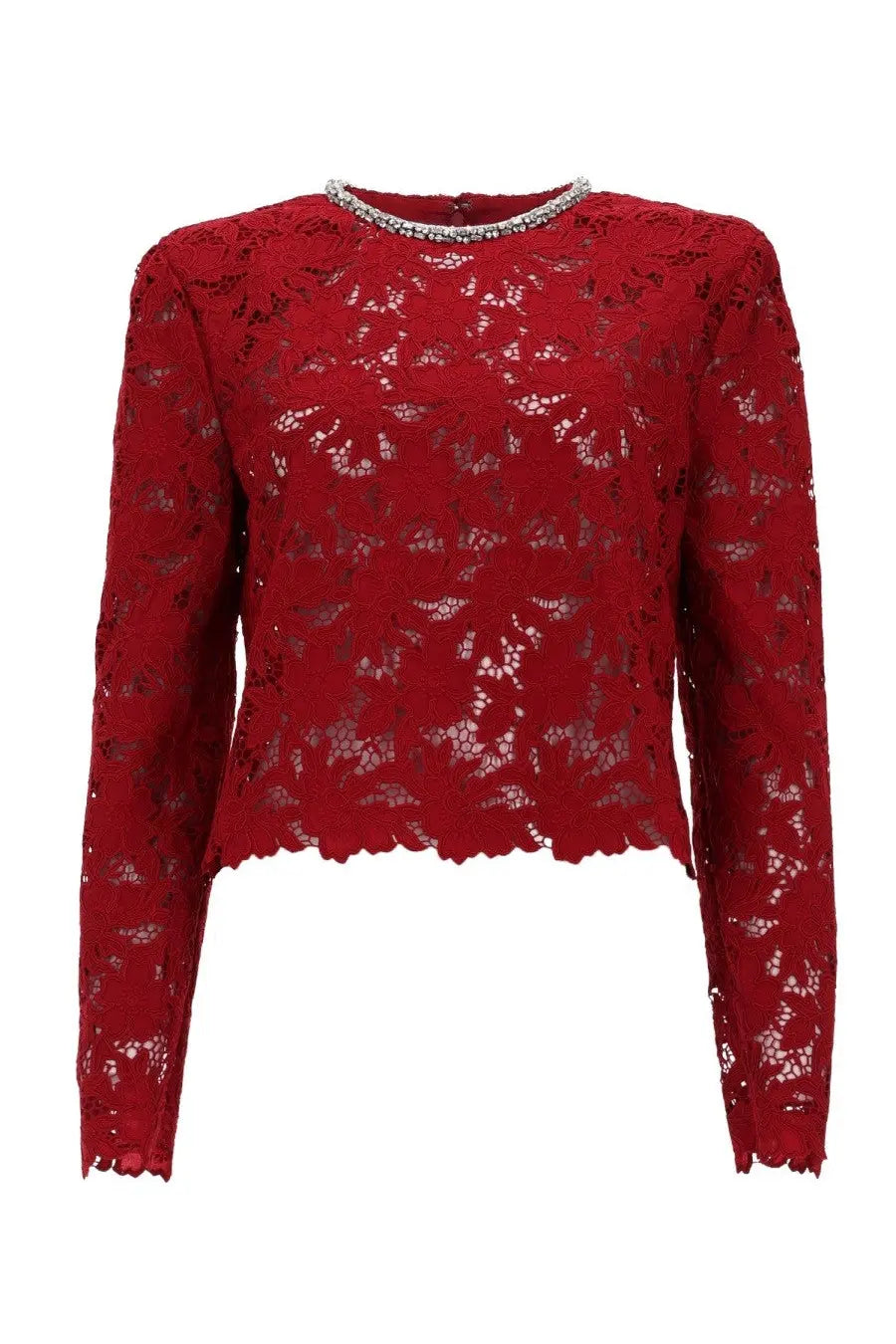 Red lace long sleeved top by self portrait featuring a beaded neckline ideal for elegant occasions