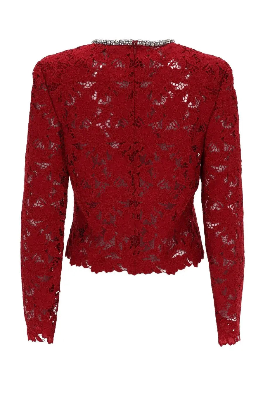 Red lace long-sleeved jacket with a beaded neckline from self-portrait womens lace top in red