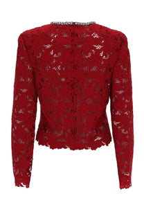 Red lace long-sleeved jacket with a beaded neckline from self-portrait womens lace top in red