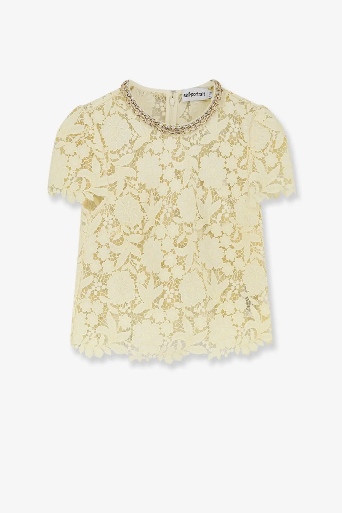 Self-portrait women’s cream lace top with short sleeves floral pattern and gold chain trim around neckline