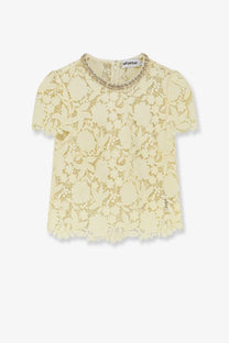 Self-portrait women’s cream lace top with short sleeves floral pattern and gold chain trim around neckline