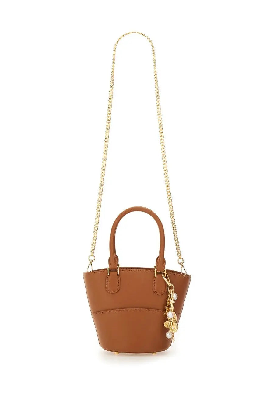 Brown leather bucket bag with gold chain strap and pearl and gold charm from self portrait women’s tote collection