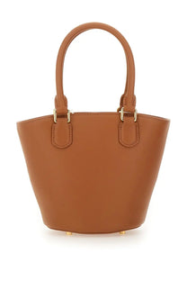 Tan leather bucket bag with gold-tone hardware and rounded top handles from self-portrait women’s tote bag beige