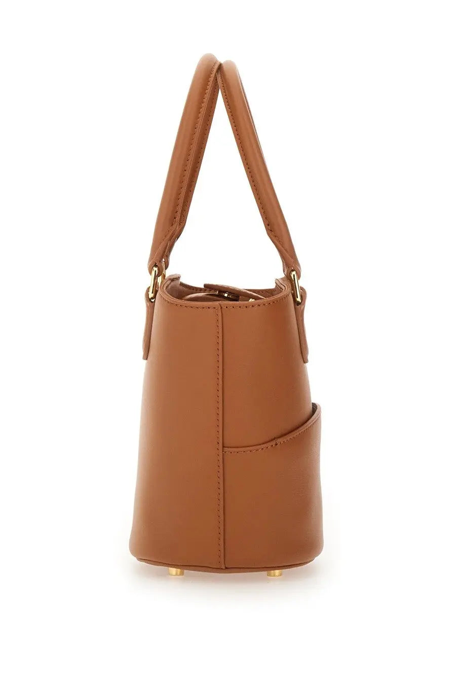 Self portrait women’s leather tote bag beige with tan leather bucket bag shape gold tone hardware and front pocket