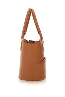 Self portrait women’s leather tote bag beige with tan leather bucket bag shape gold tone hardware and front pocket