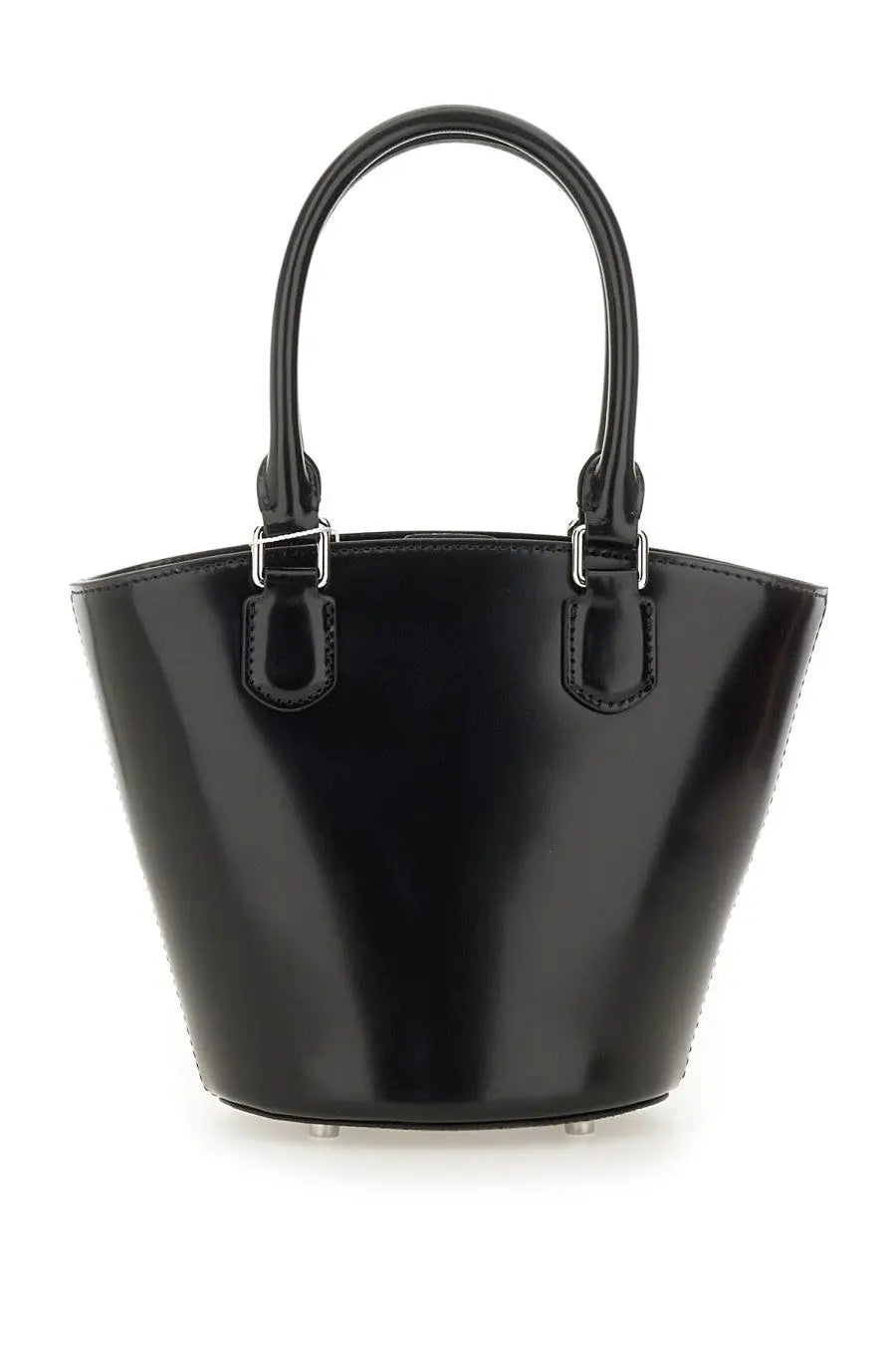 Black patent leather bucket bag with curved top handles and silver-tone hardware from self-portrait tote collection