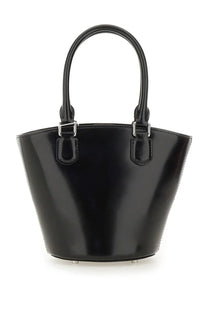 Black patent leather bucket bag with curved top handles and silver-tone hardware from self-portrait tote collection