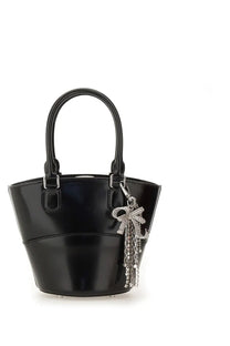 Self-portrait women leather tote bag black with black patent leather bucket design silver hardware and crystal bow charm