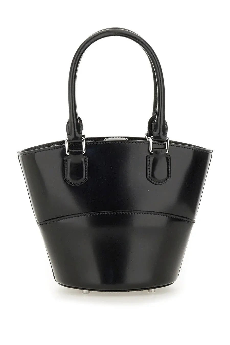 Black patent leather self-portrait women’s tote bag with curved top handles and silver-tone hardware
