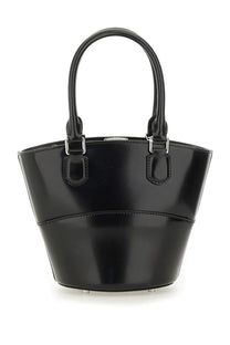 Black patent leather self-portrait women’s tote bag with curved top handles and silver-tone hardware