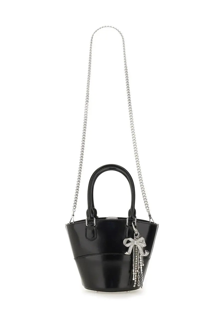 Self-portrait women’s leather tote bag black featuring a black patent leather bucket bag with silver chain strap and crystal bow charm