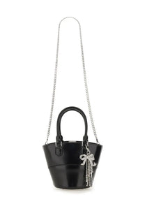 Self-portrait women’s leather tote bag black featuring a black patent leather bucket bag with silver chain strap and crystal bow charm