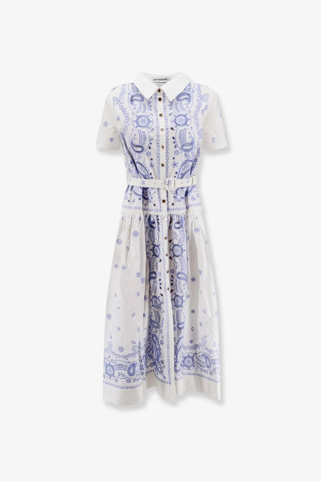 Self-portrait women’s white long cotton shirt dress with white bandana print short sleeves and matching belt