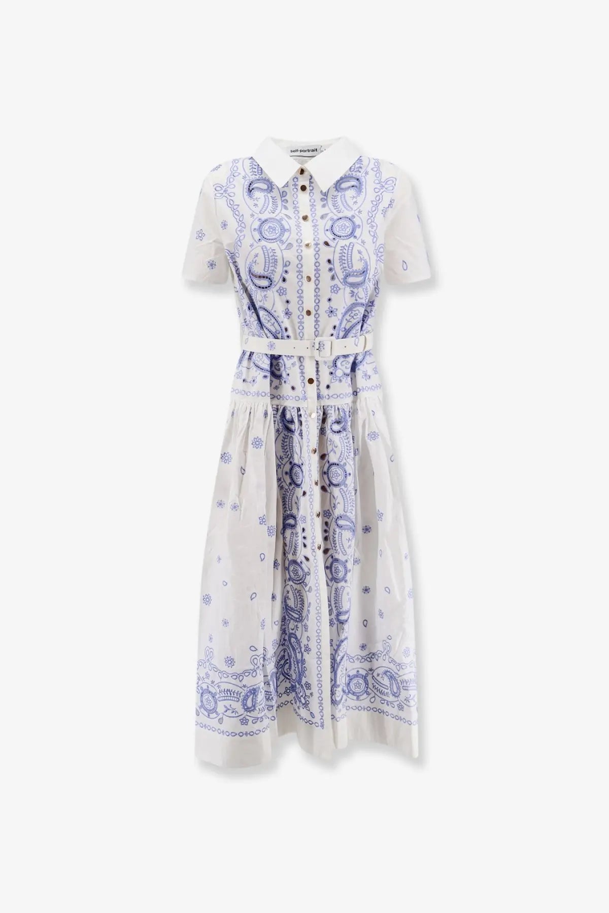 Self-portrait women’s white long cotton shirt dress with white bandana print short sleeves and matching belt