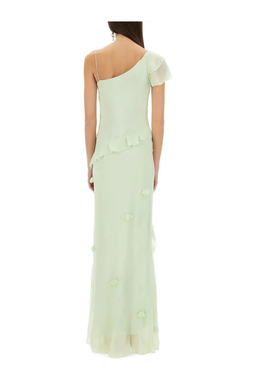 Self-portrait women’s long dress in green chiffon with one shoulder ruffled hemline and floral appliqués