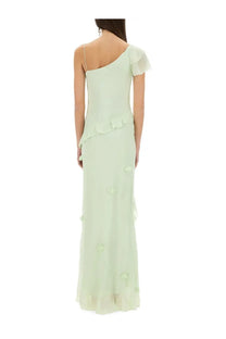Self-portrait women’s long dress in green chiffon with one shoulder ruffled hemline and floral appliqués