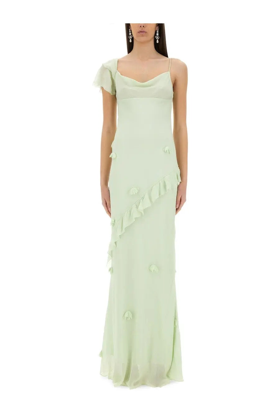 Self-portrait women’s long dress in mint green silk with ruffled asymmetrical detailing and gathered embellishments