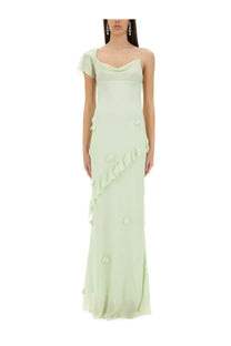 Self-portrait women’s long dress in mint green silk with ruffled asymmetrical detailing and gathered embellishments