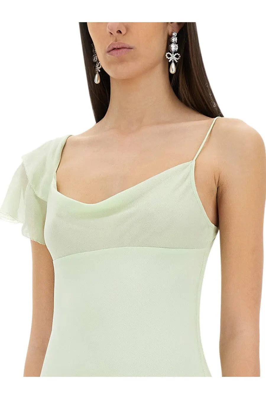 Self-portrait women’s long dress in mint green slip style with thin spaghetti straps and ruffled shoulder detail