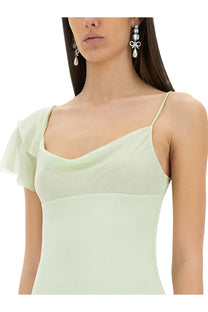 Self-portrait women’s long dress in mint green slip style with thin spaghetti straps and ruffled shoulder detail