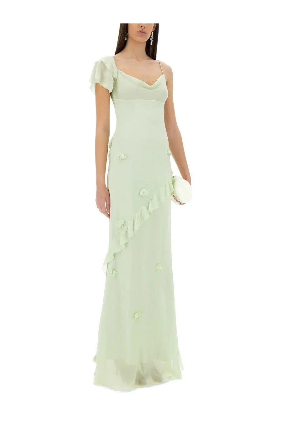 Self-portrait women’s long pale green maxi dress with flowing fabric delicate side ruffles and small embellishments