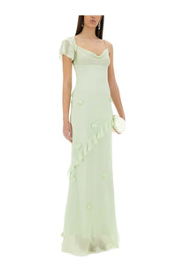 Self-portrait women’s long pale green maxi dress with flowing fabric delicate side ruffles and small embellishments