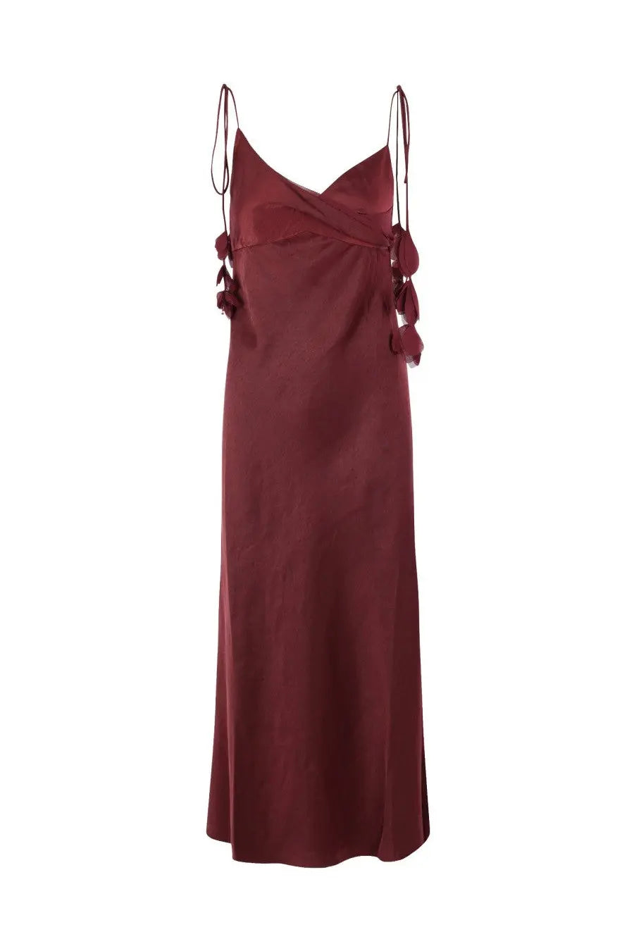 Self-portrait women’s long burgundy satin slip dress with delicate tied straps and matching fabric tassels at the shoulders