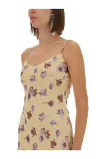 Self-portrait women’s long beige slip dress with delicate purple and brown embroidered floral pattern