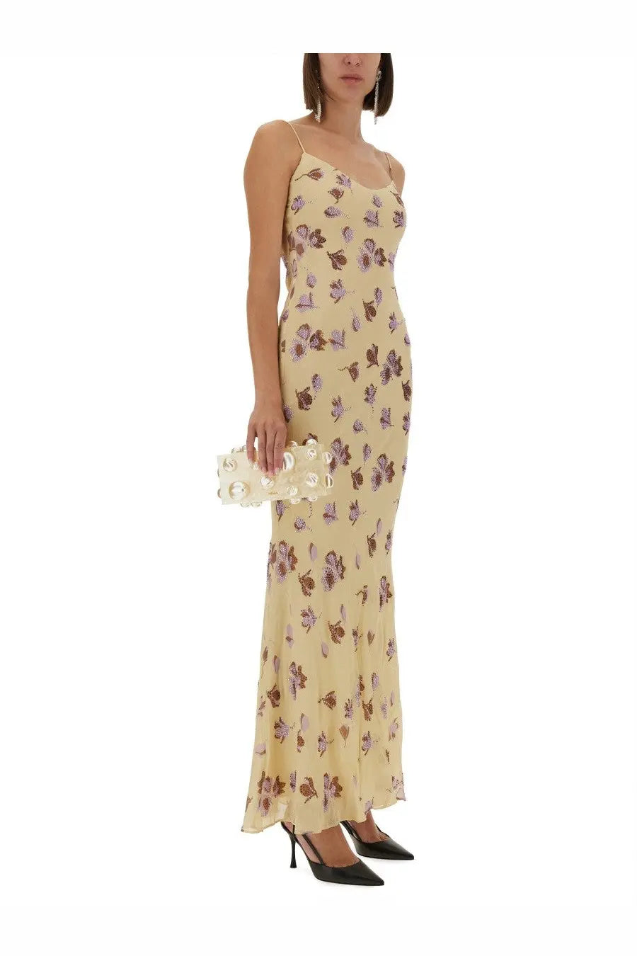 Self-portrait women’s long yellow dress featuring a pale yellow slip design with purple and brown butterfly pattern