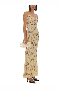 Self-portrait women’s long yellow dress featuring a pale yellow slip design with purple and brown butterfly pattern