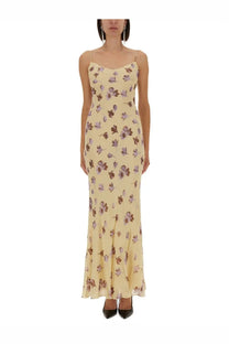 Self portrait women’s long dress flowing pale yellow maxi with delicate muted purple and brown floral pattern