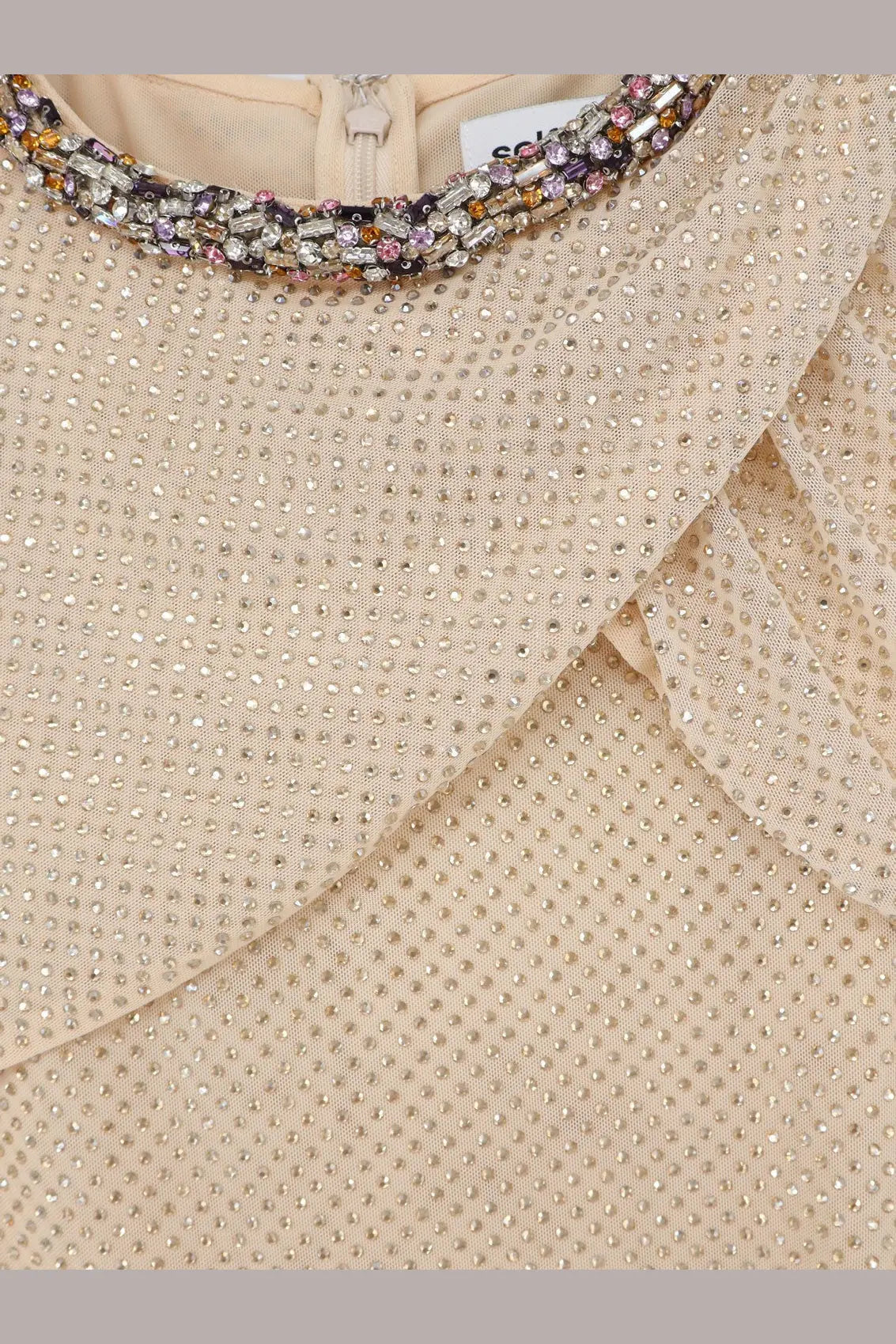 Self-portrait women’s beige maxi dress with sparkling beaded neckline and delicate ruffled collar
