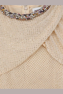 Self-portrait women’s beige maxi dress with sparkling beaded neckline and delicate ruffled collar