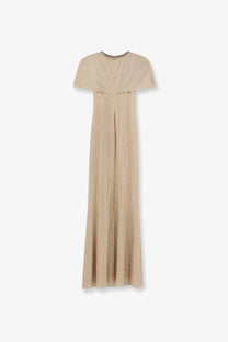 Beige metallic mesh self-portrait women’s maxi dress with cap sleeves and a beaded neckline in white color