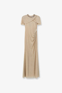 Self-portrait women’s maxi dress in white featuring beige metallic mesh gown with draped cap sleeves and beaded neckline