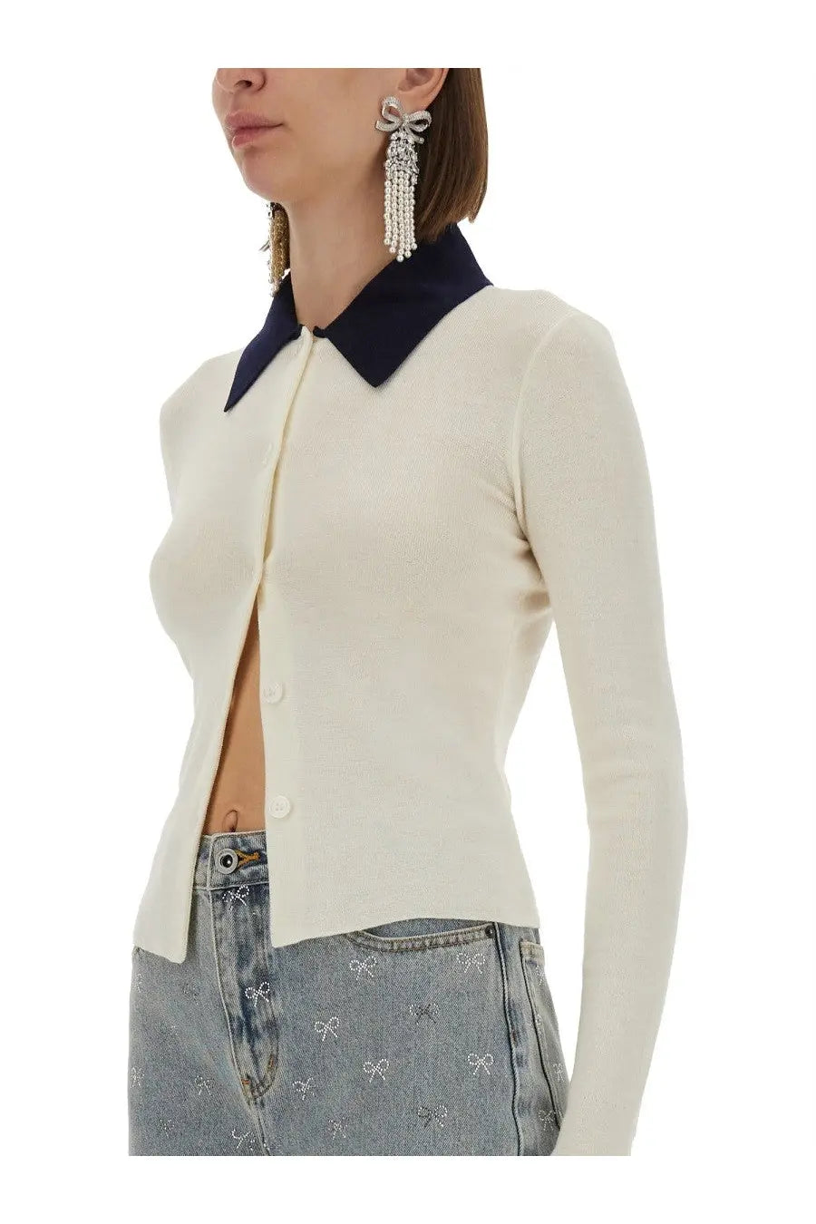 Cream-colored self portrait women’s merino wool cardigan with ribbed knit and contrasting navy blue collar