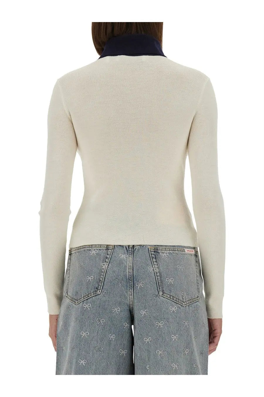 Cream-colored ribbed knit merino wool cardigan with navy blue collar from self-portrait womens white collection