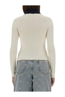 Cream-colored ribbed knit merino wool cardigan with navy blue collar from self-portrait womens white collection
