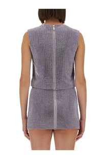 Back view of self-portrait women’s purple metal mesh sleeveless mini dress with a central zipper closure