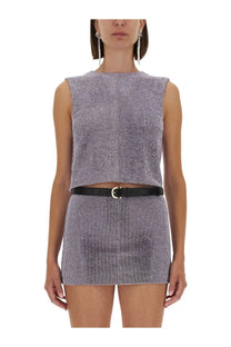 A shimmering lavender tweed sleeveless crop top and matching mini skirt from self-portrait women’s metal mesh top purple collection