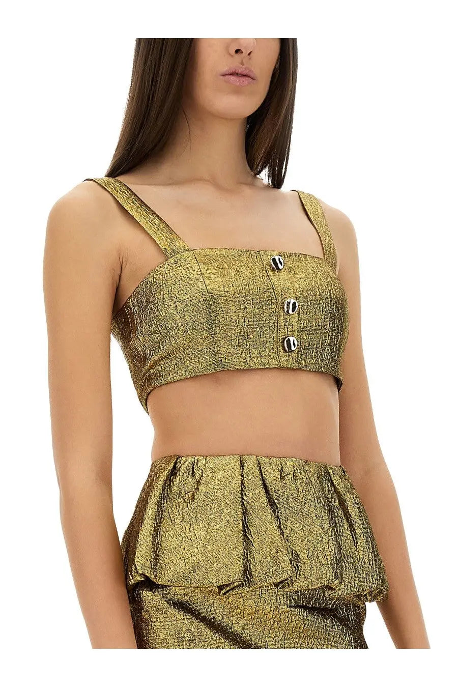 Self-portrait women’s gold metallic jacquard crop top with structured square neckline and black and white button accents