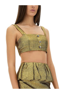 Self-portrait women’s gold metallic jacquard crop top with structured square neckline and black and white button accents