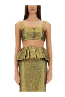 Self-portrait women’s gold metallic jacquard two-piece set with cropped top and high-waisted skirt with ruffled peplum