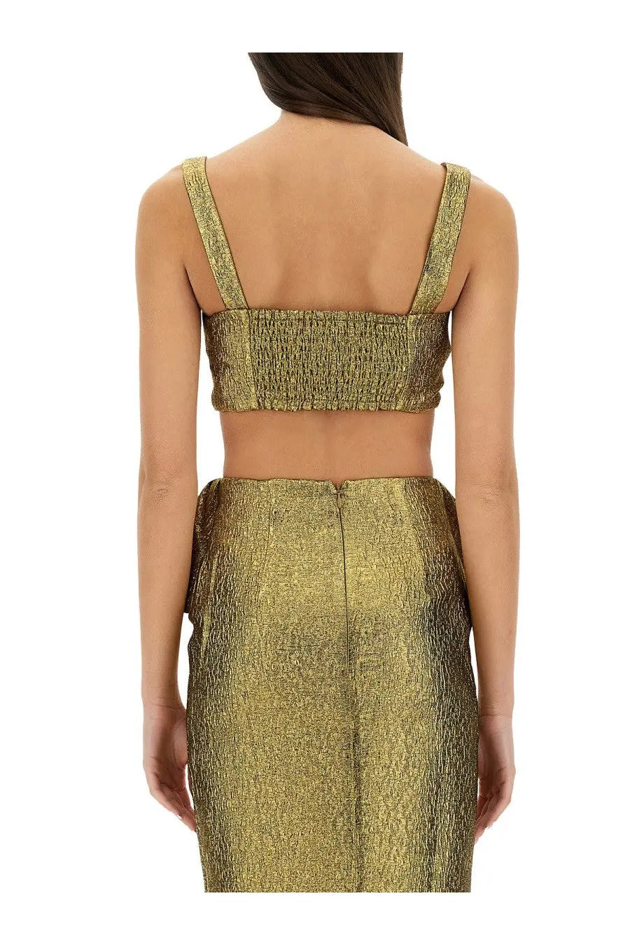 A shimmering gold metallic jacquard two-piece set with a smocked crop top and high-waisted skirt by self portrait