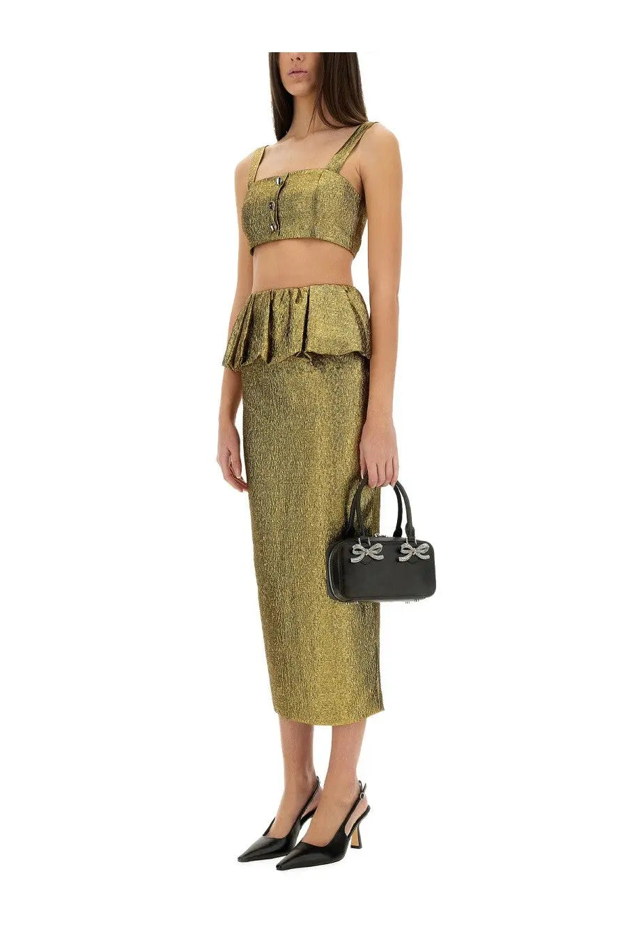 Gold metallic jacquard two-piece set by self-portrait featuring a ruffled waistband crop top and matching skirt