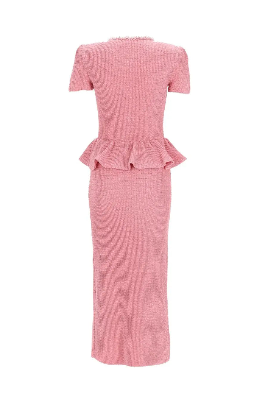 Self-portrait women’s midi dress in blue featuring a pink ribbed knit fabric with short sleeves and peplum hem
