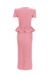 Self-portrait women’s midi dress in blue featuring a pink ribbed knit fabric with short sleeves and peplum hem